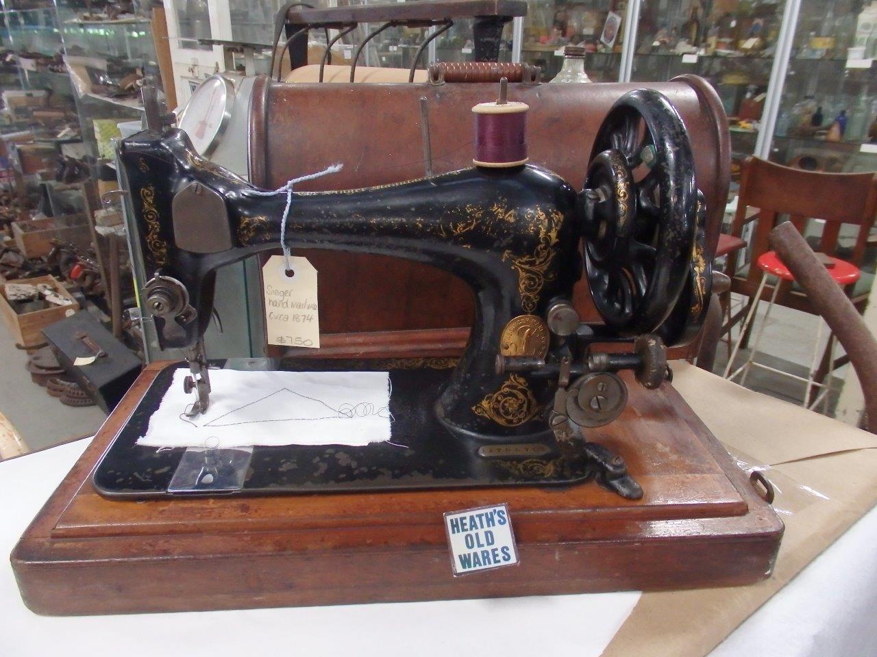 circa 1894 hand crank antique singer sewing machine in working order for sale at Heath's Old Wares , Collectables and Industrial Antiques 19-21 Broadway Burringbar, Open 7 Days Ph 0266771181